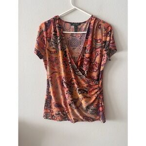 Lauren Ralph Lauren Colorful Paisley Faux Wrap Blouse top Stretch Size M